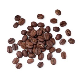 Photo of Roasted coffee beans on white background, top view