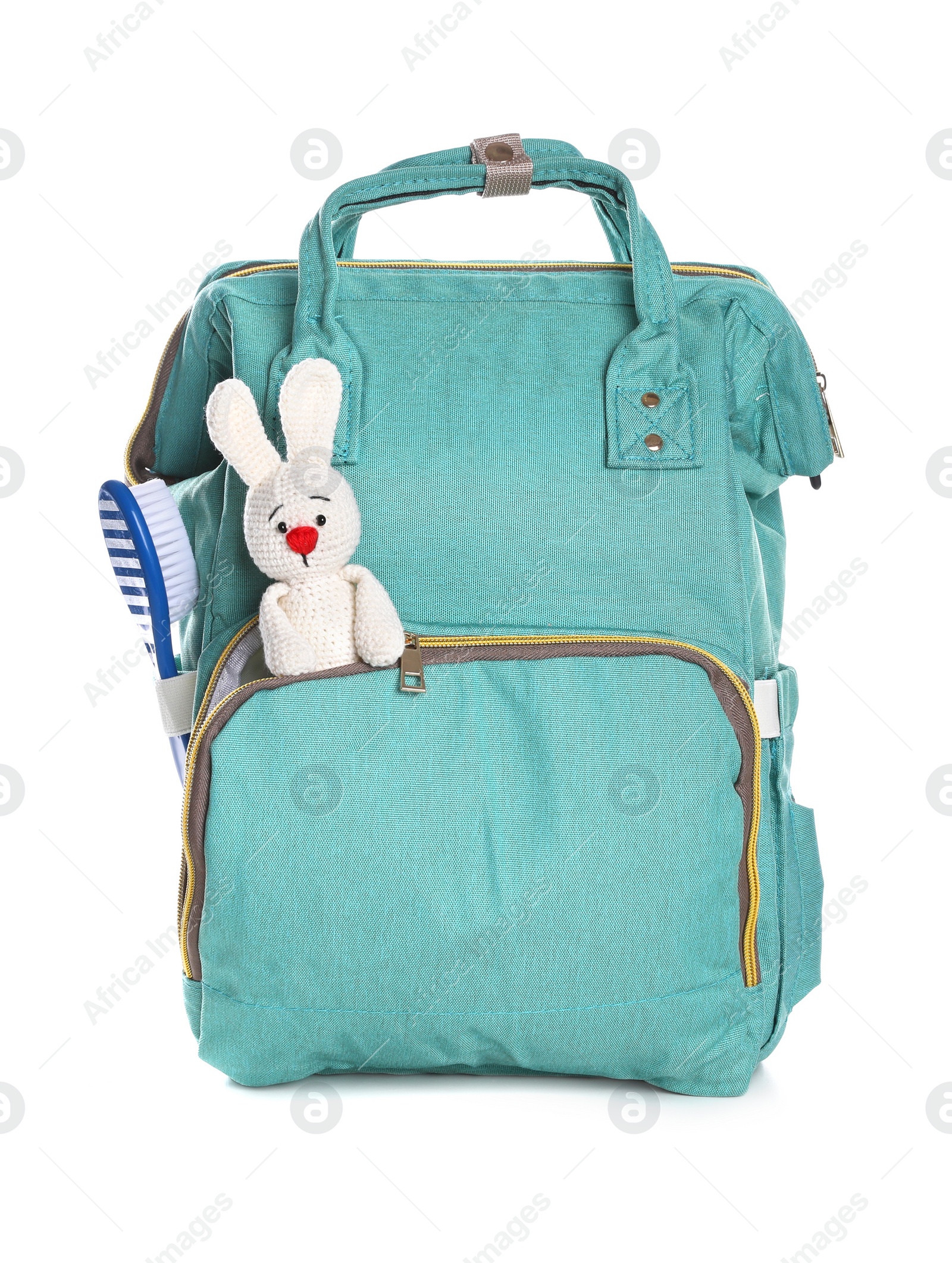 Photo of Maternity backpack with baby accessories on white background