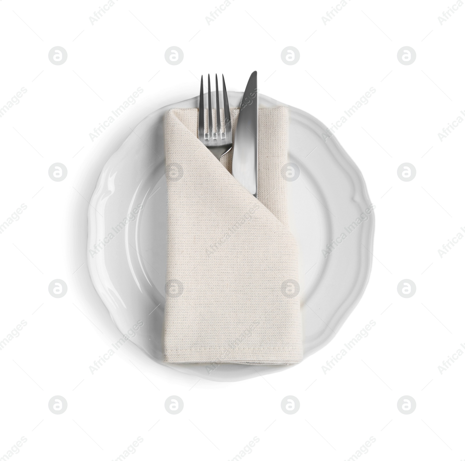 Photo of Ceramic plate, fork and knife on white background, top view