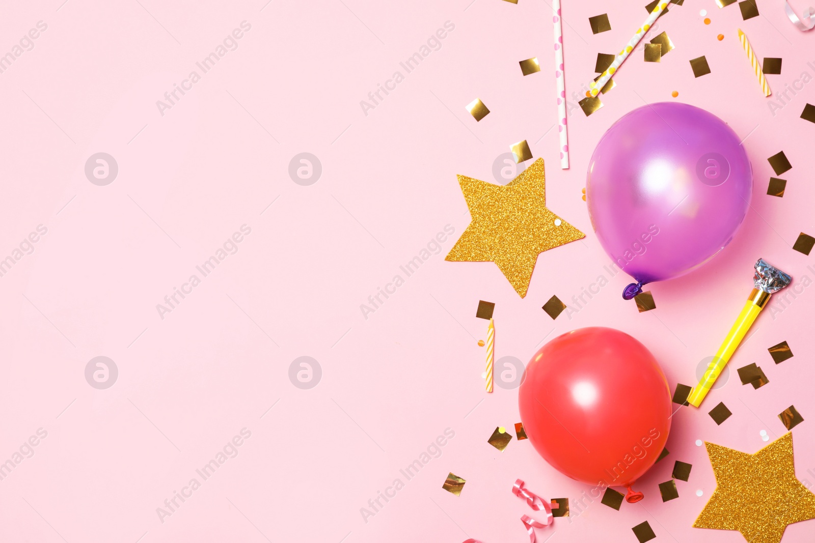 Photo of Flat lay composition with colorful balloons and space for text on color background