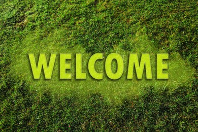 Image of Word WELCOME and ground covered green grass outdoors