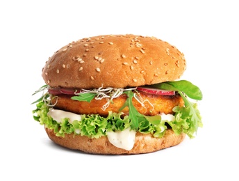 Tasty vegetarian burger with carrot cutlet on white background