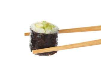Photo of Delicious avocado sushi roll on white background