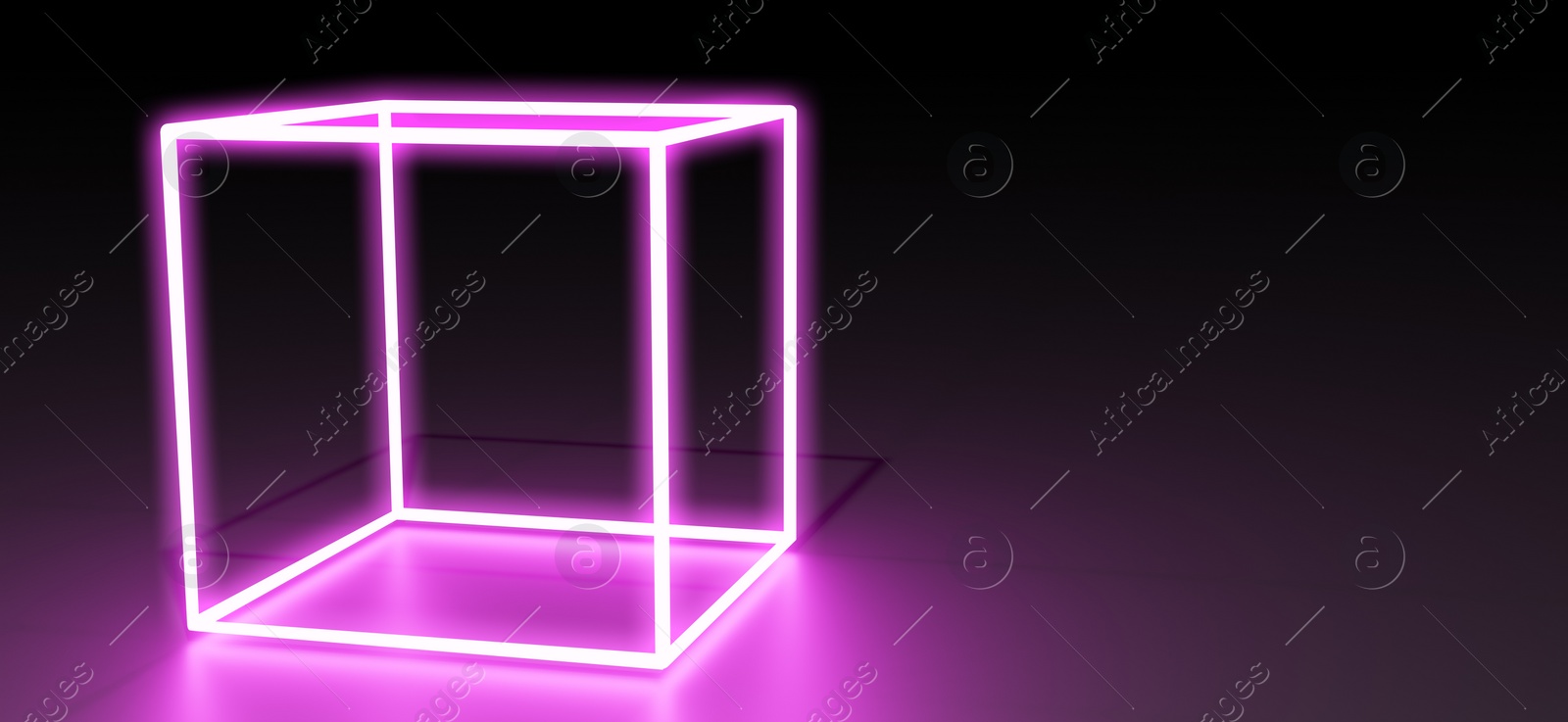 Illustration of Glowing pink neon cube on black background. Banner design with space for text
