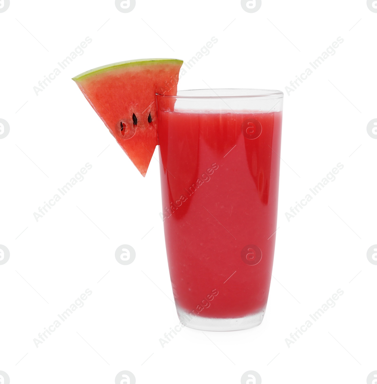 Photo of Delicious drink with piece of fresh watermelon isolated on white