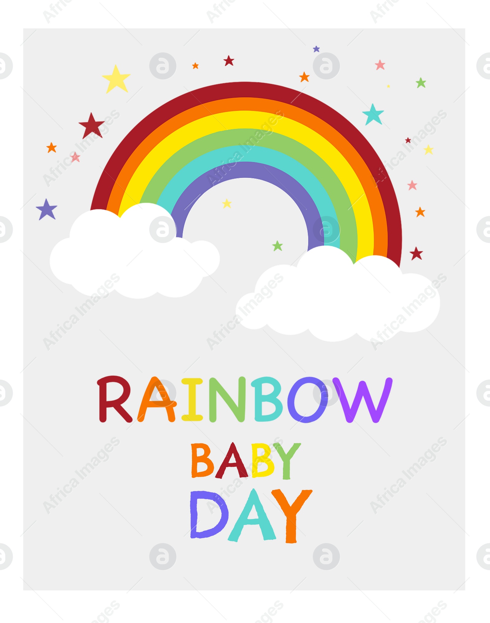 Illustration of National Rainbow Baby Day card. Rainbow, clouds and stars on white background, illustration