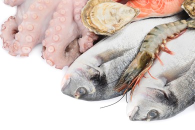 Photo of Fresh dorado fish, octopus, shrimp, oyster and salmon on white background, top view