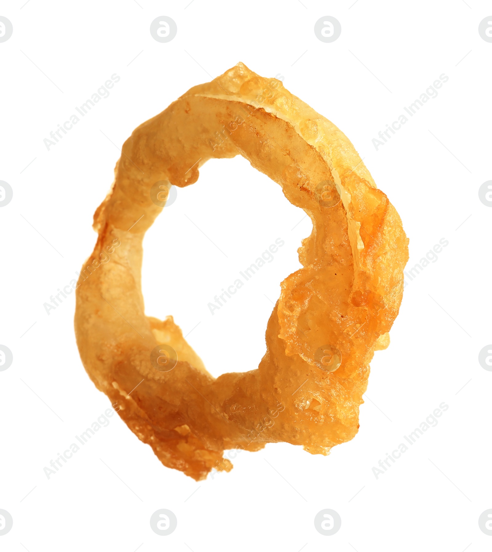 Photo of Delicious golden breaded and deep fried crispy onion ring on white background