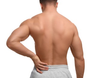 Photo of Man suffering from back pain on white background, back view