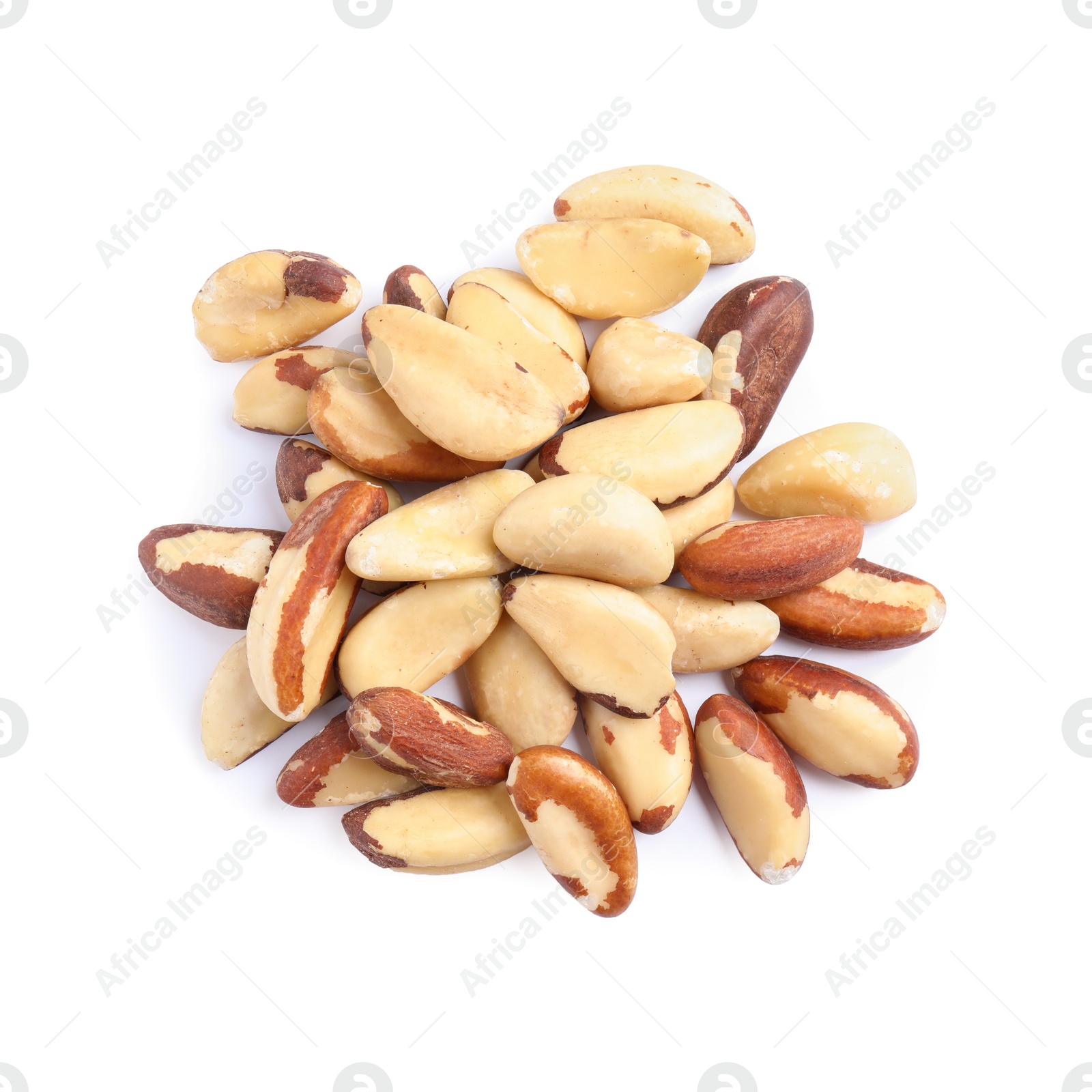 Photo of Delicious Brazil nuts on white background, top view