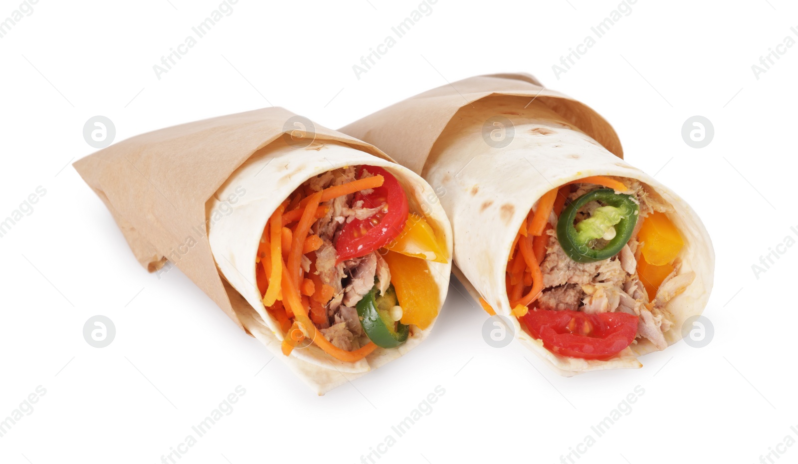 Photo of Delicious tortilla wraps with tuna isolated on white