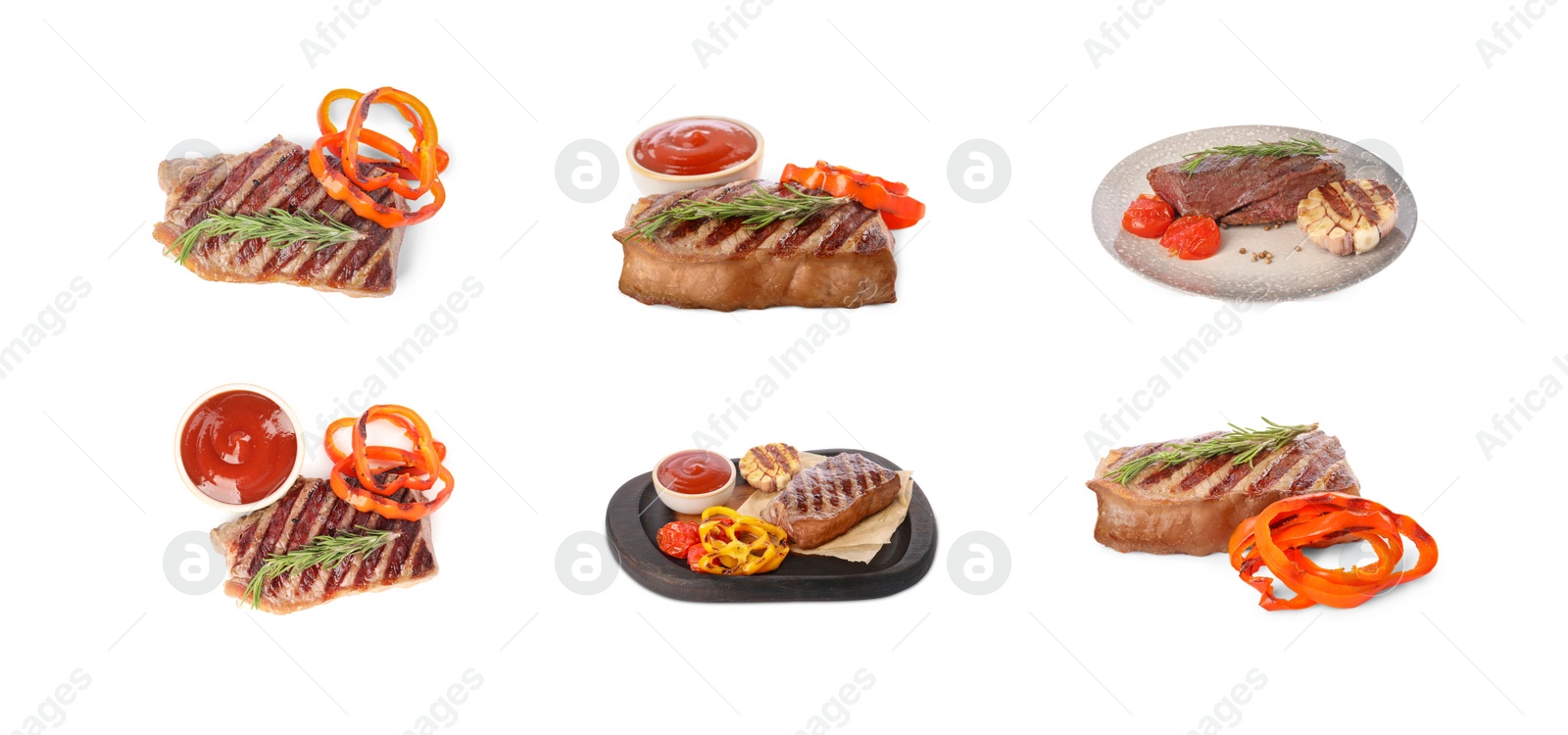 Image of Delicious grilled beef steaks, vegetables and spices isolated on white, set