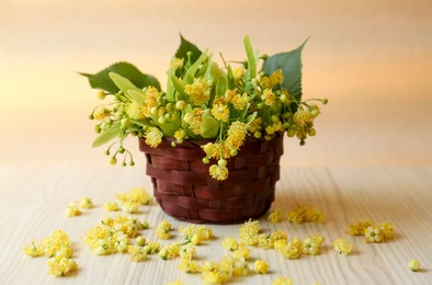 Beautiful linden blossoms and green leaves on white wooden table