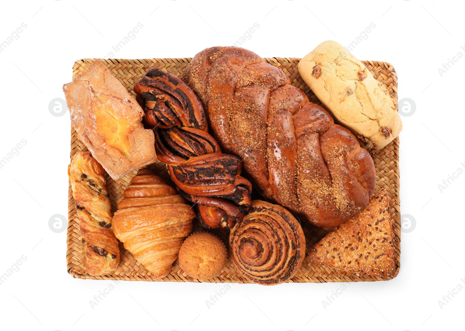 Photo of Different tasty freshly baked pastries isolated on white, top view