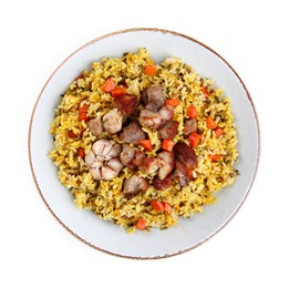Delicious pilaf with meat, carrot and garlic isolated on white, top view