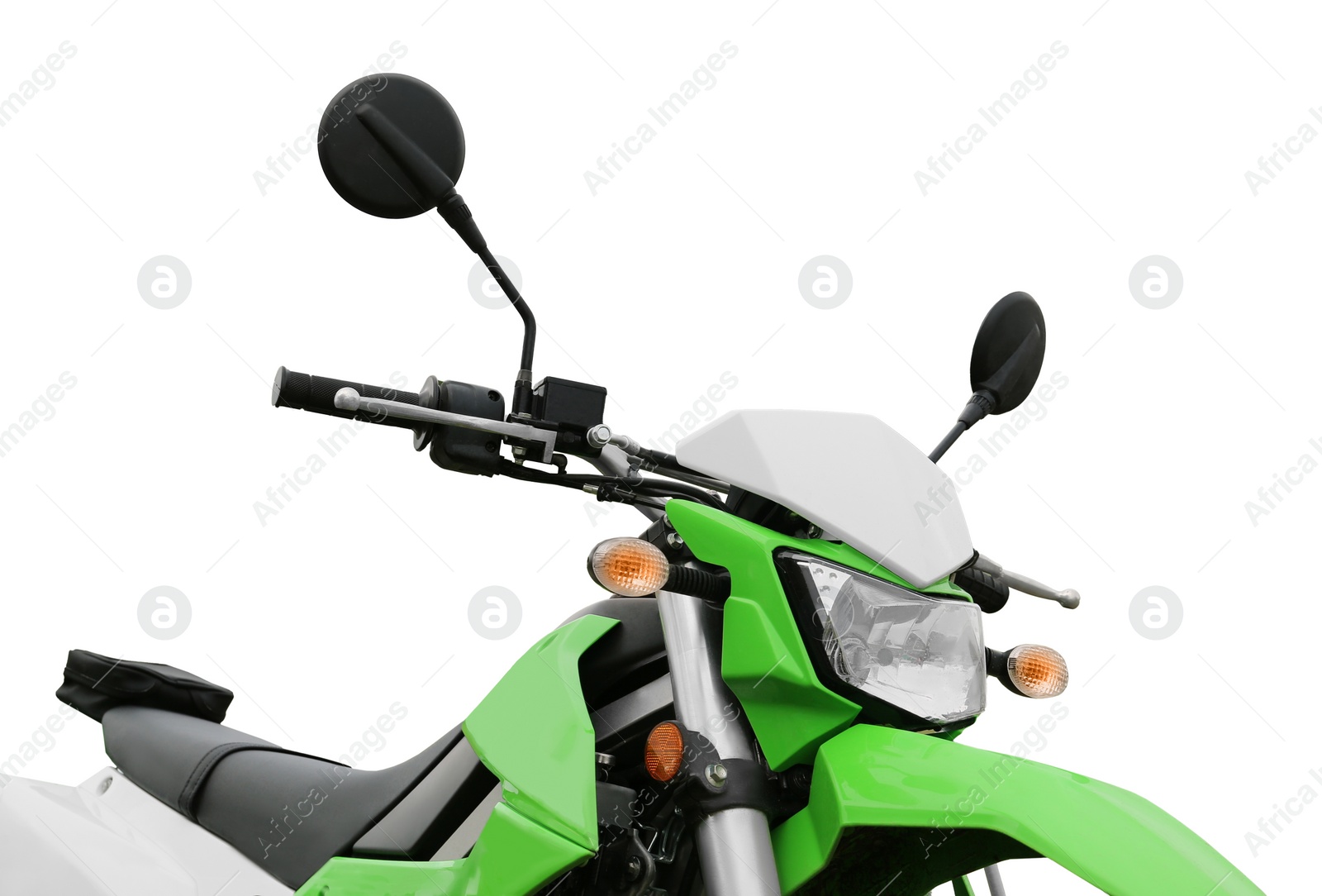 Image of Stylish green cross motorcycle on white background, closeup