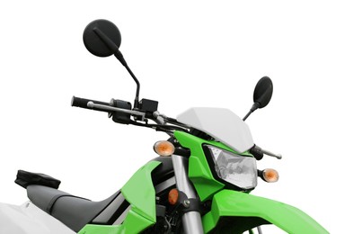 Stylish green cross motorcycle on white background, closeup