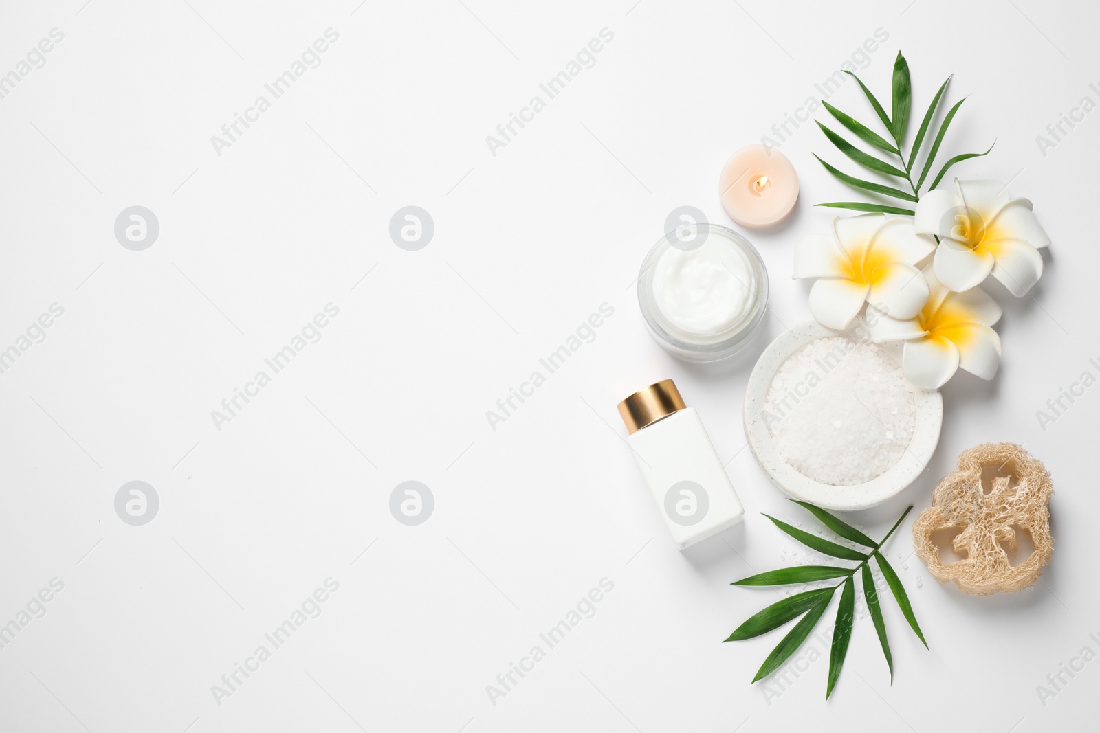Photo of Composition with bath salt on white background, top view. Spa treatment