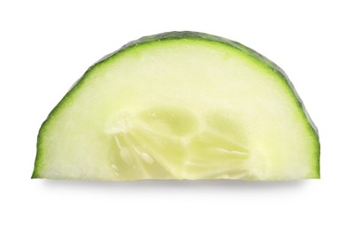 Photo of Slice of fresh cucumber isolated on white, top view