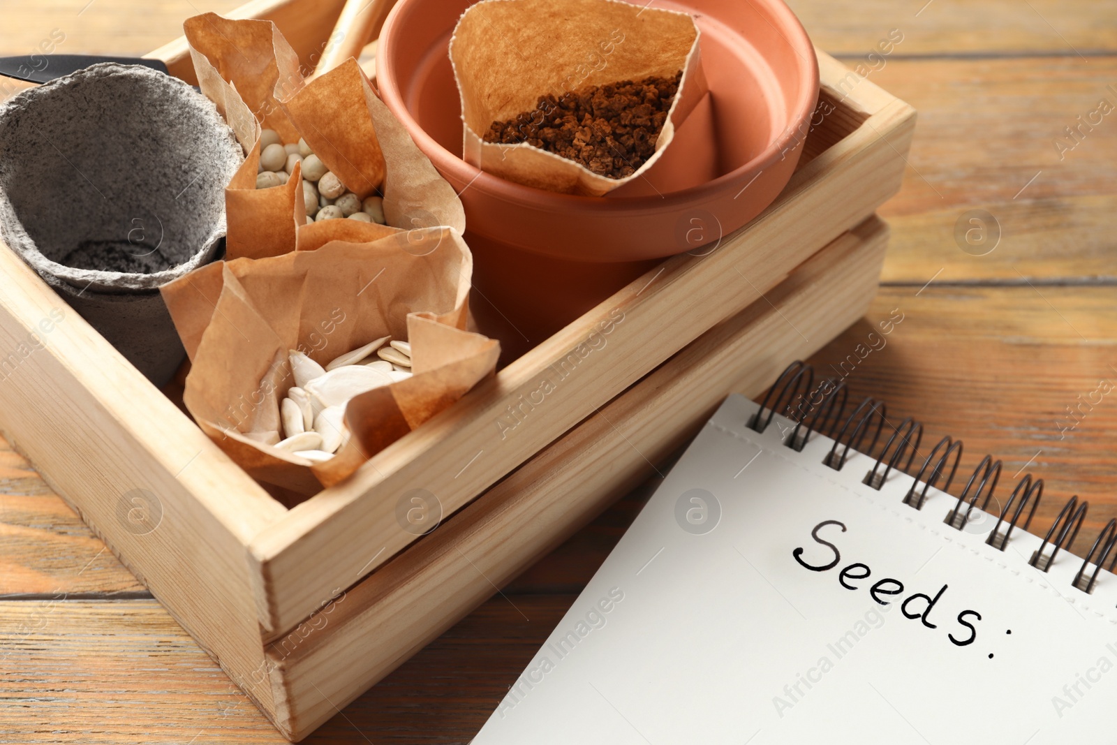 Photo of Wooden crate with different vegetable seeds and notebook on table, closeup