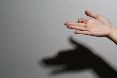 Shadow puppet. Woman making hand gesture like dog on grey background, closeup. Space for text