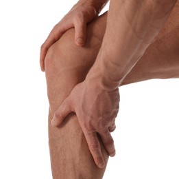 Man with muscular legs on white background, closeup