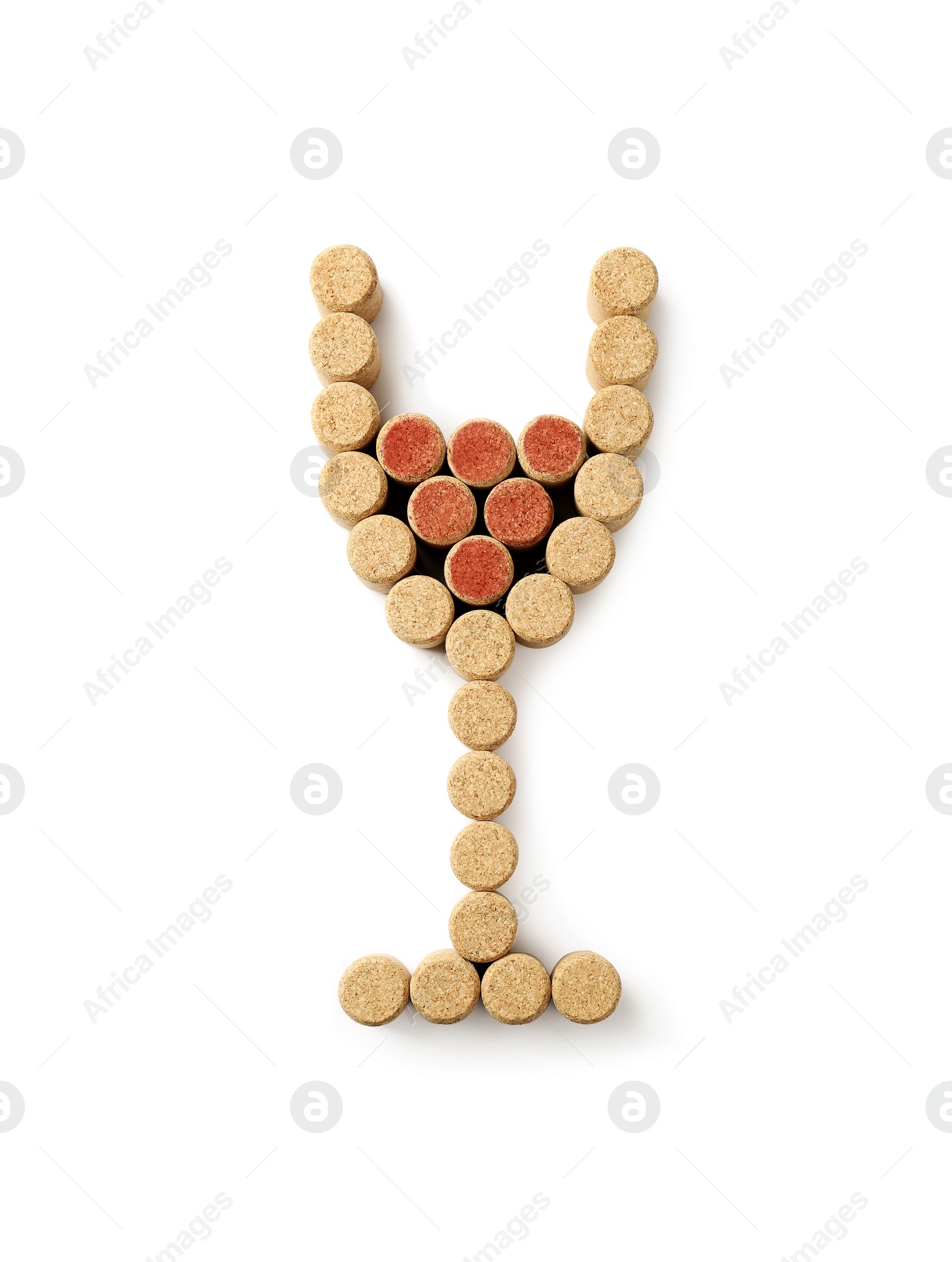 Photo of Glass of wine made with corks isolated on white, top view