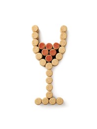 Photo of Glass of wine made with corks isolated on white, top view