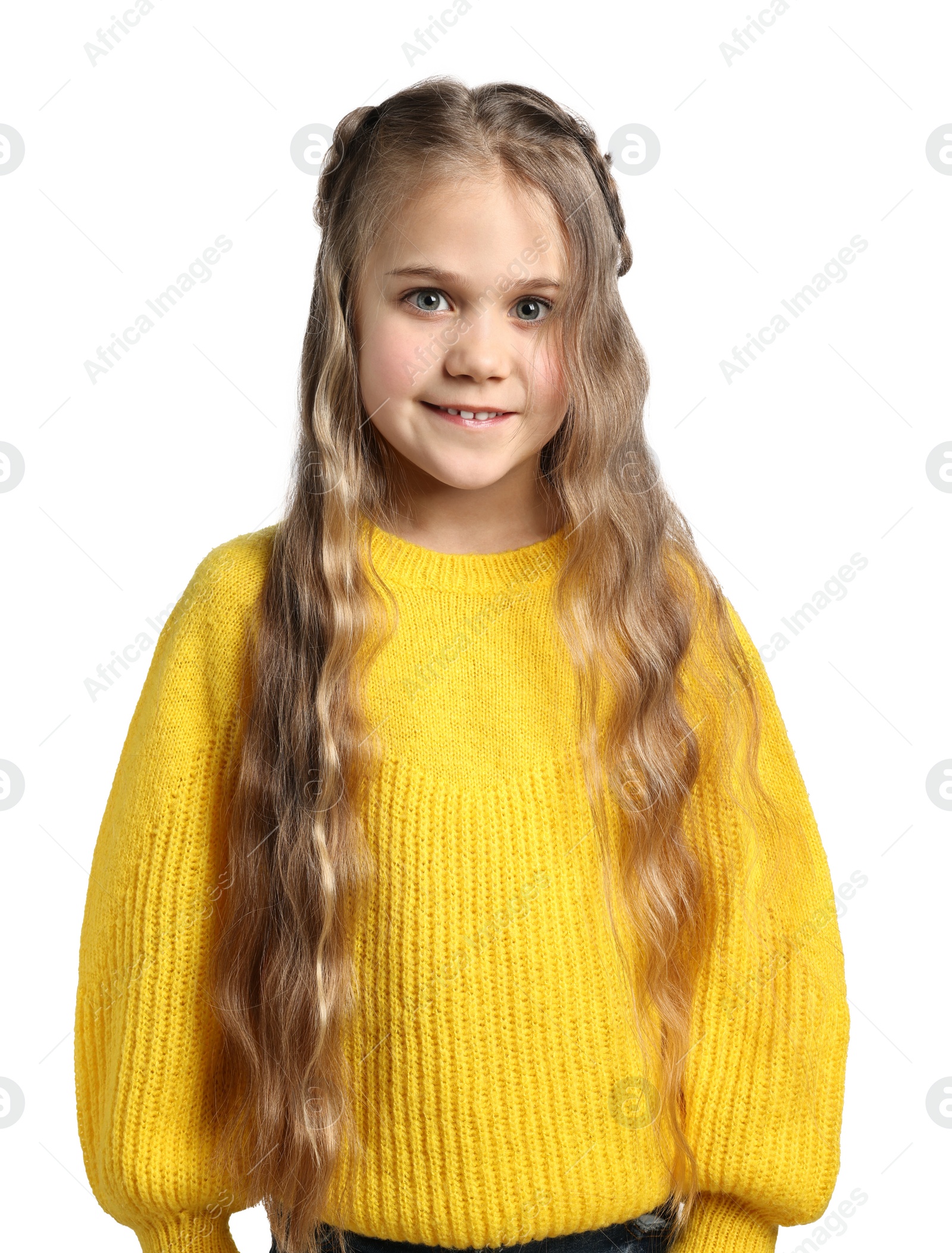 Photo of Cute little girl with braided hair on white background