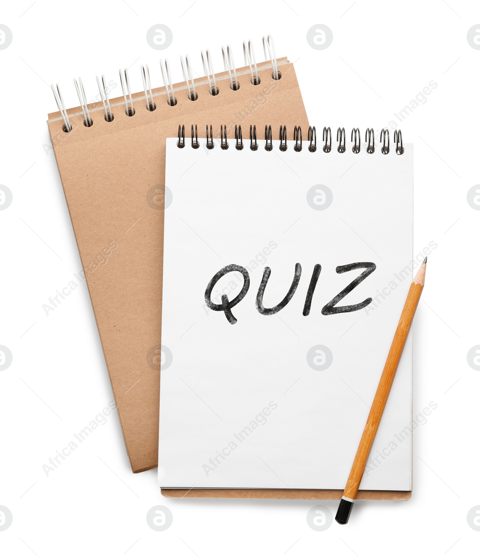 Image of Work QUIZ written in notebook and pencil on white background, top view