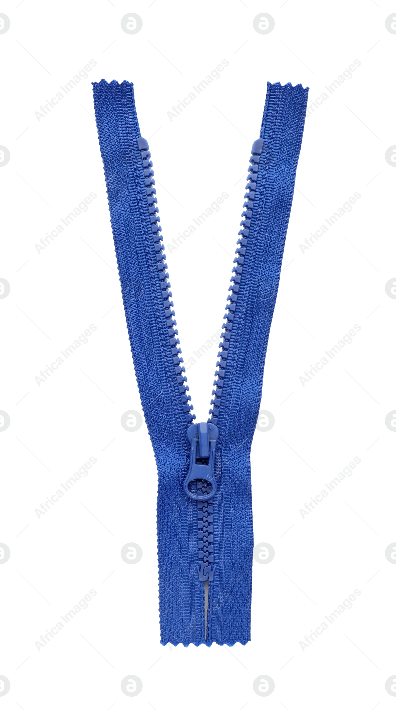 Photo of Blue zipper isolated on white, top view