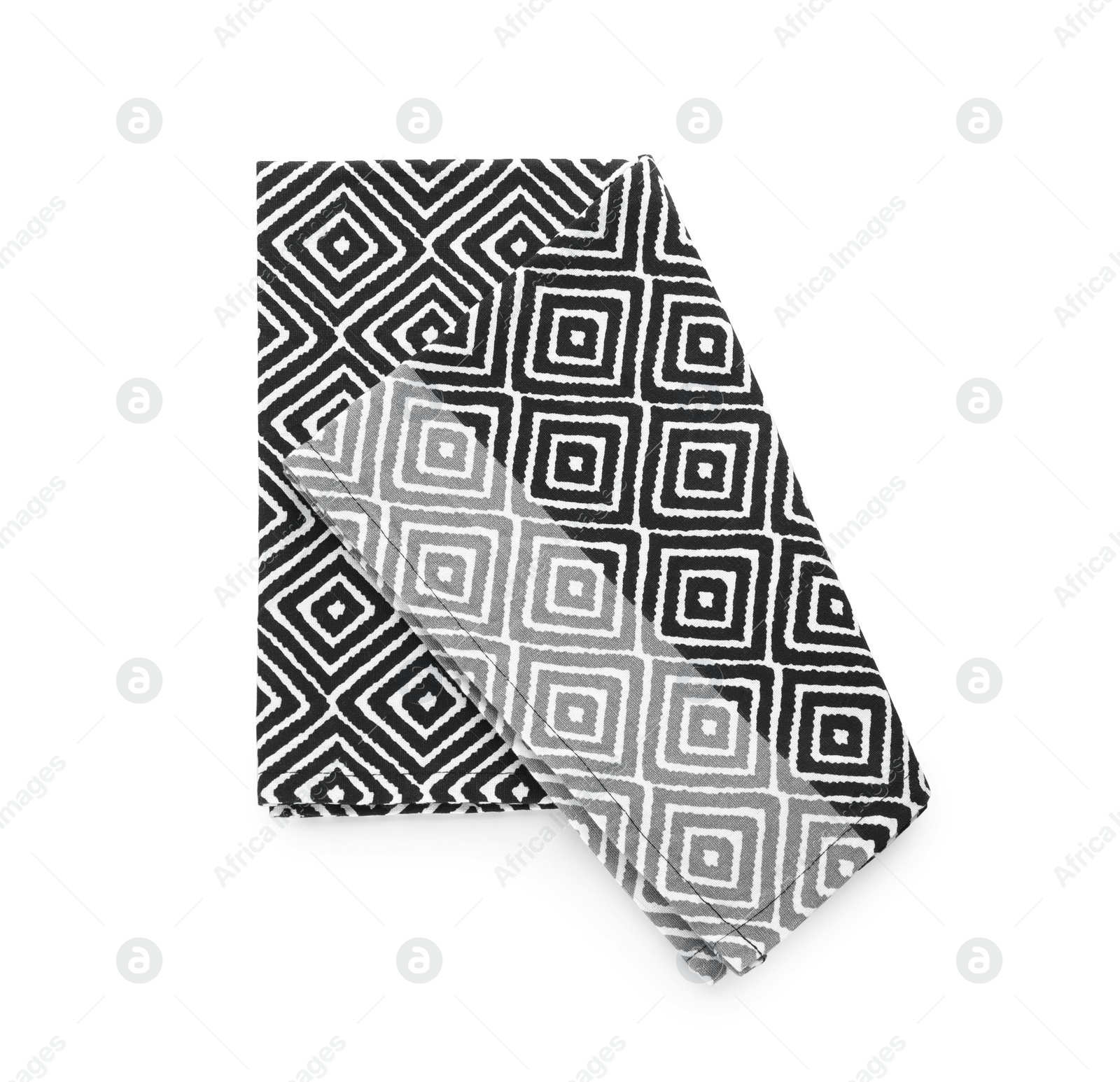 Photo of Kitchen towel with beautiful pattern isolated on white, top view