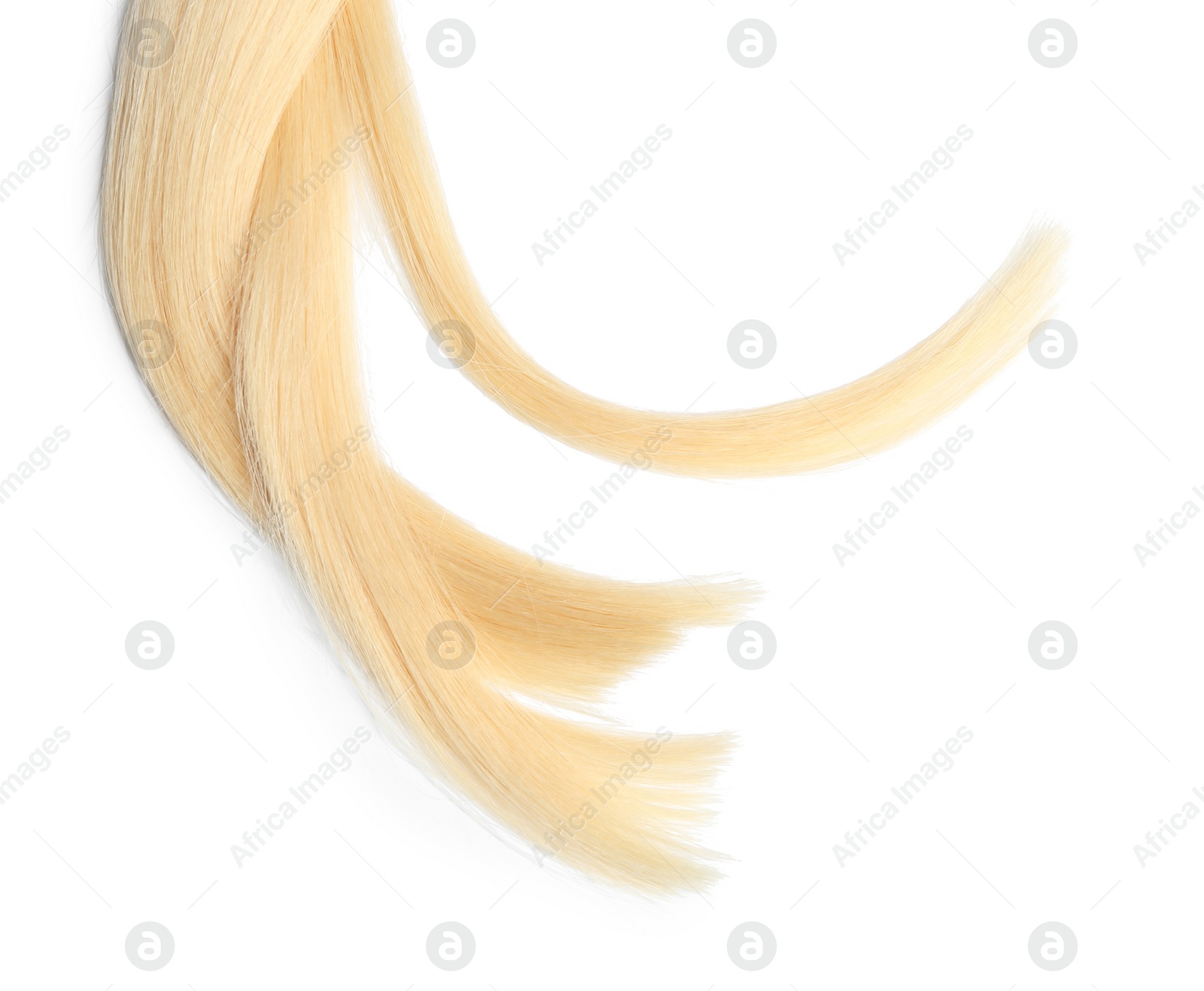 Photo of Locks of healthy blond hair on white background