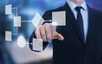 Man pointing at flowchart on virtual screen against blurred background, closeup. Business process