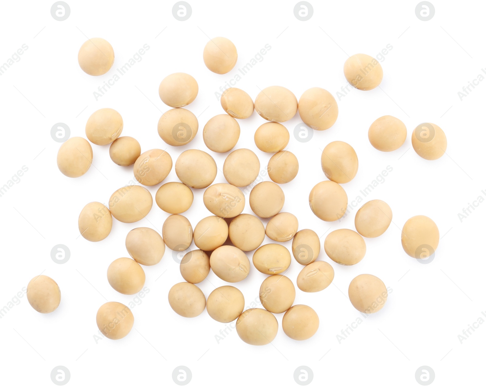 Photo of Soya beans isolated on white, top view