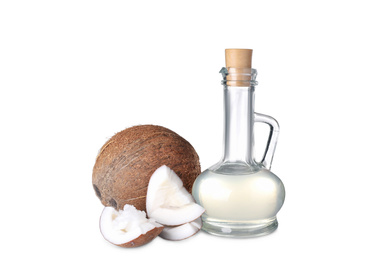 Photo of Composition with coconut oil on white background