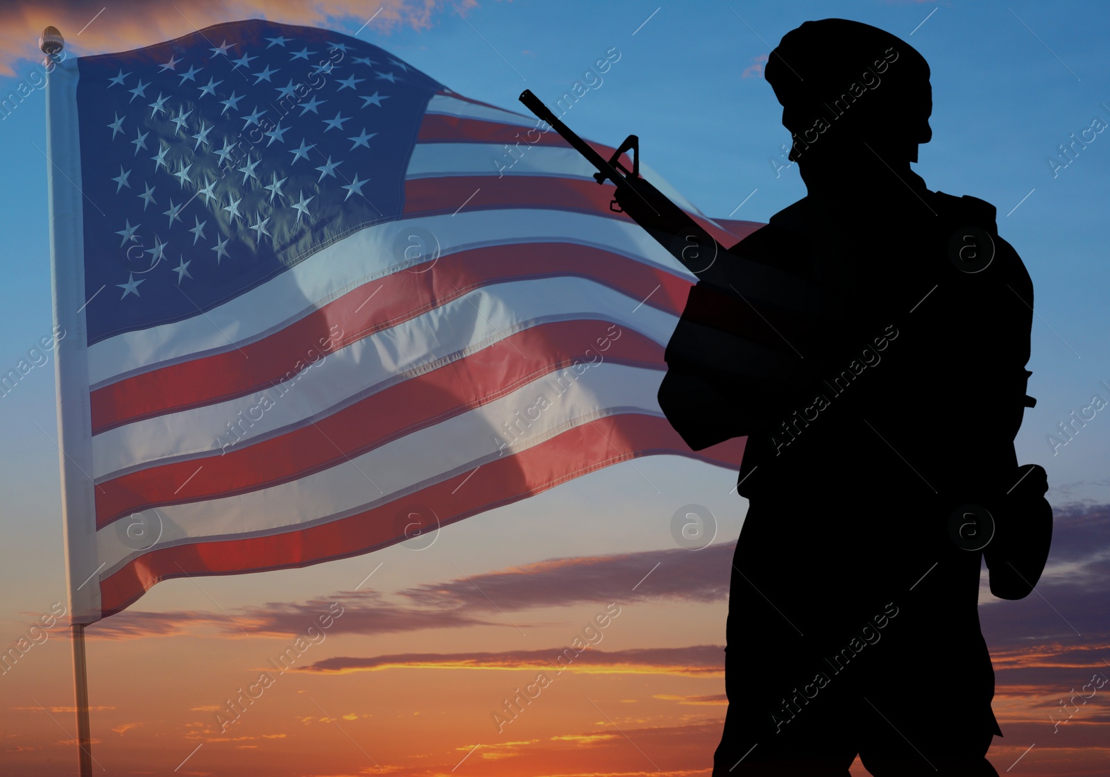 Image of Veterans Day. Silhouette of military man on sunset outdoors and flag of USA, double exposure