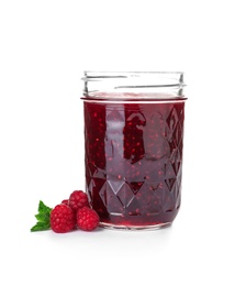 Jar with delicious raspberry jam on white background