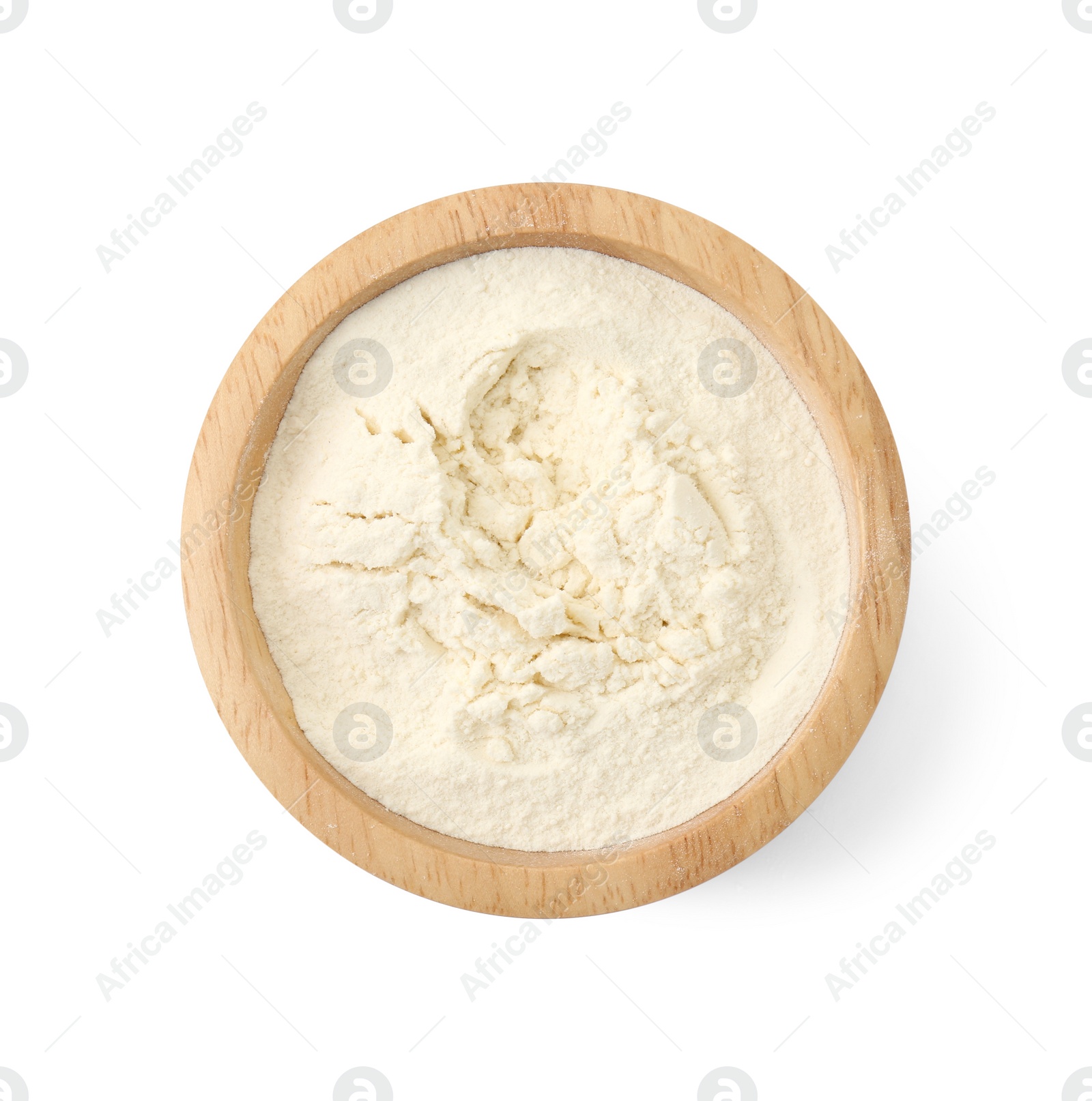 Photo of Baking powder in bowl isolated on white, top view