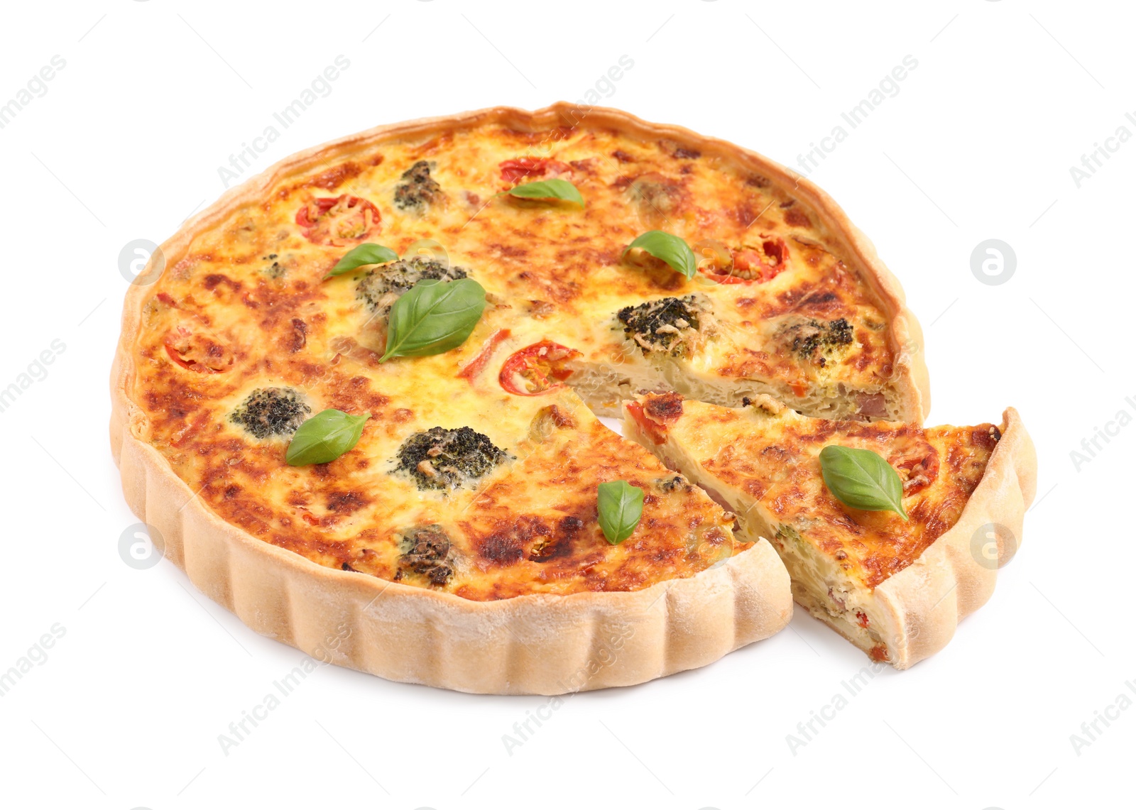 Photo of Delicious homemade vegetable quiche isolated on white