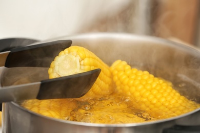 Taking corn cob from stewpot with boiling water, closeup