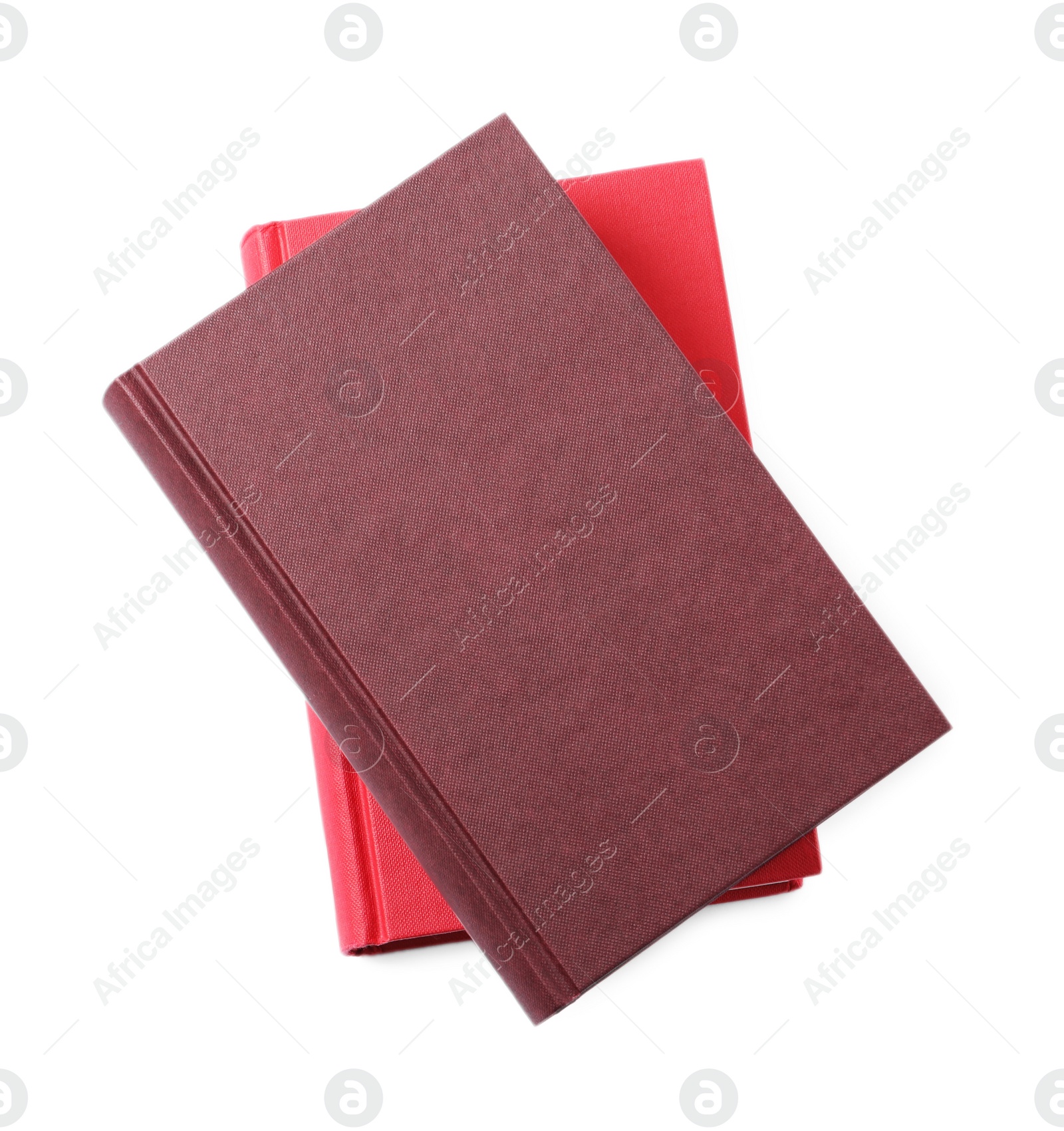 Photo of Stack of hardcover books isolated on white, top view