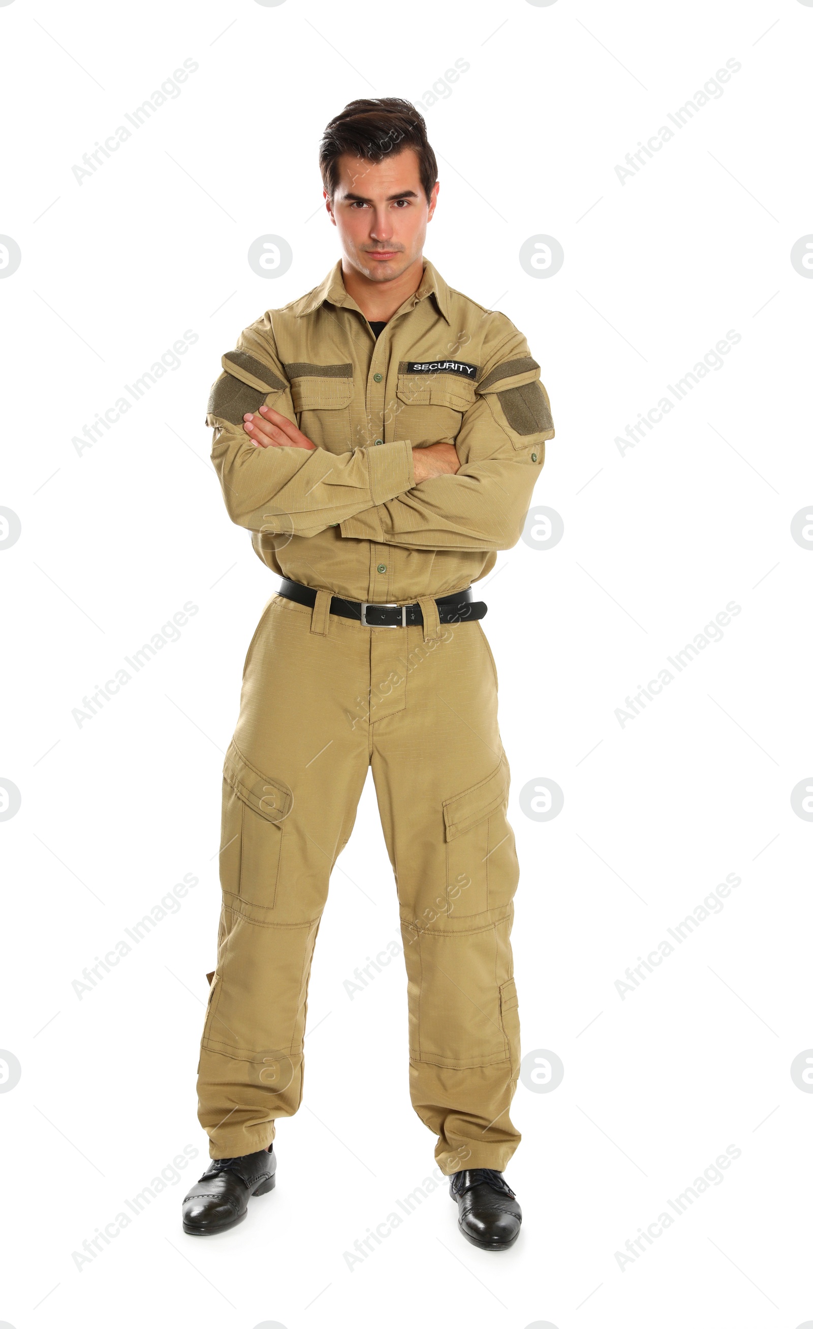 Photo of Male security guard in uniform on white background