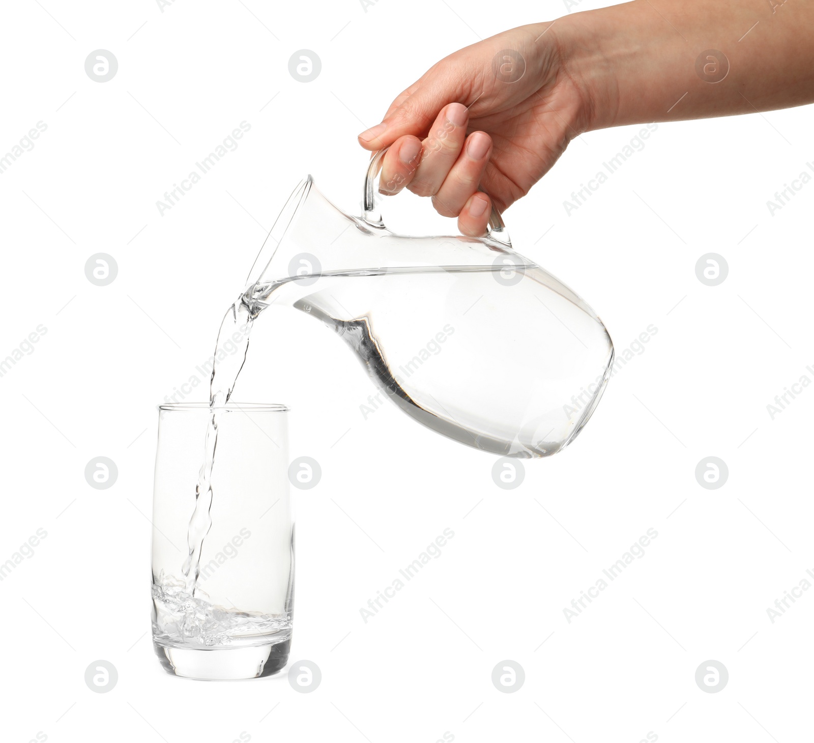 Photo of Woman pouring water from jug into glass on white background, closeup