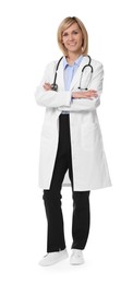 Photo of Smiling doctor with crossed arms on white background