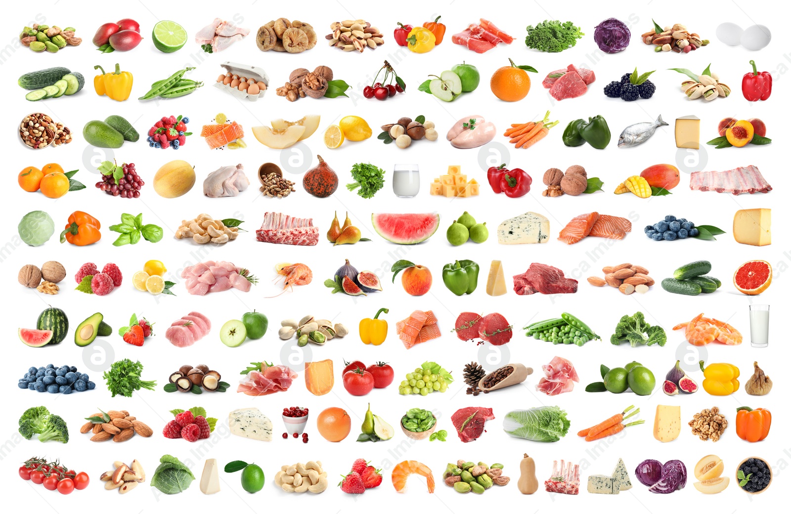 Image of Set of different food on white background. Banner design