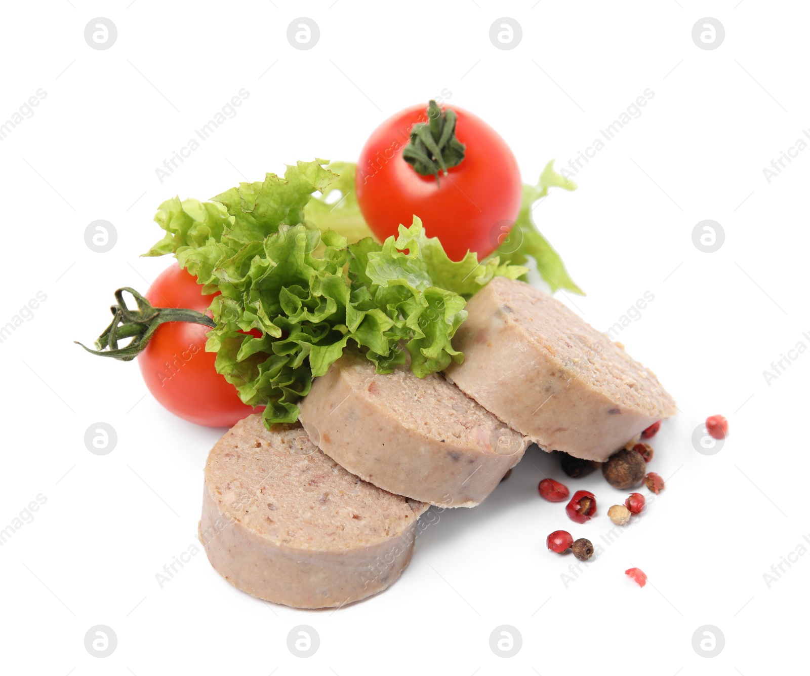 Photo of Delicious liverwurst with cherry tomatoes, lettuce and spices on white background