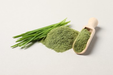 Pile of wheat grass powder, scoop and fresh sprouts on light table