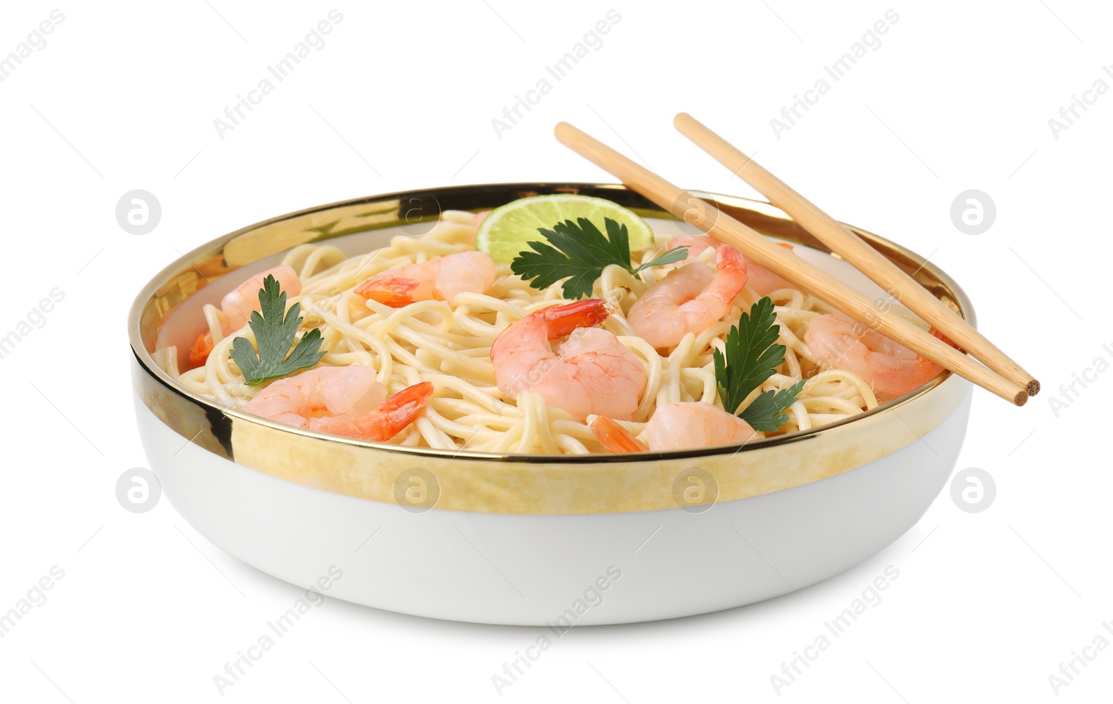 Photo of Tasty spaghetti with shrimps, lime and parsley in bowl isolated on white