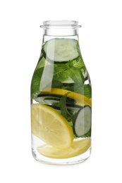 Bottle of refreshing water with cucumber, lemon and mint isolated on white